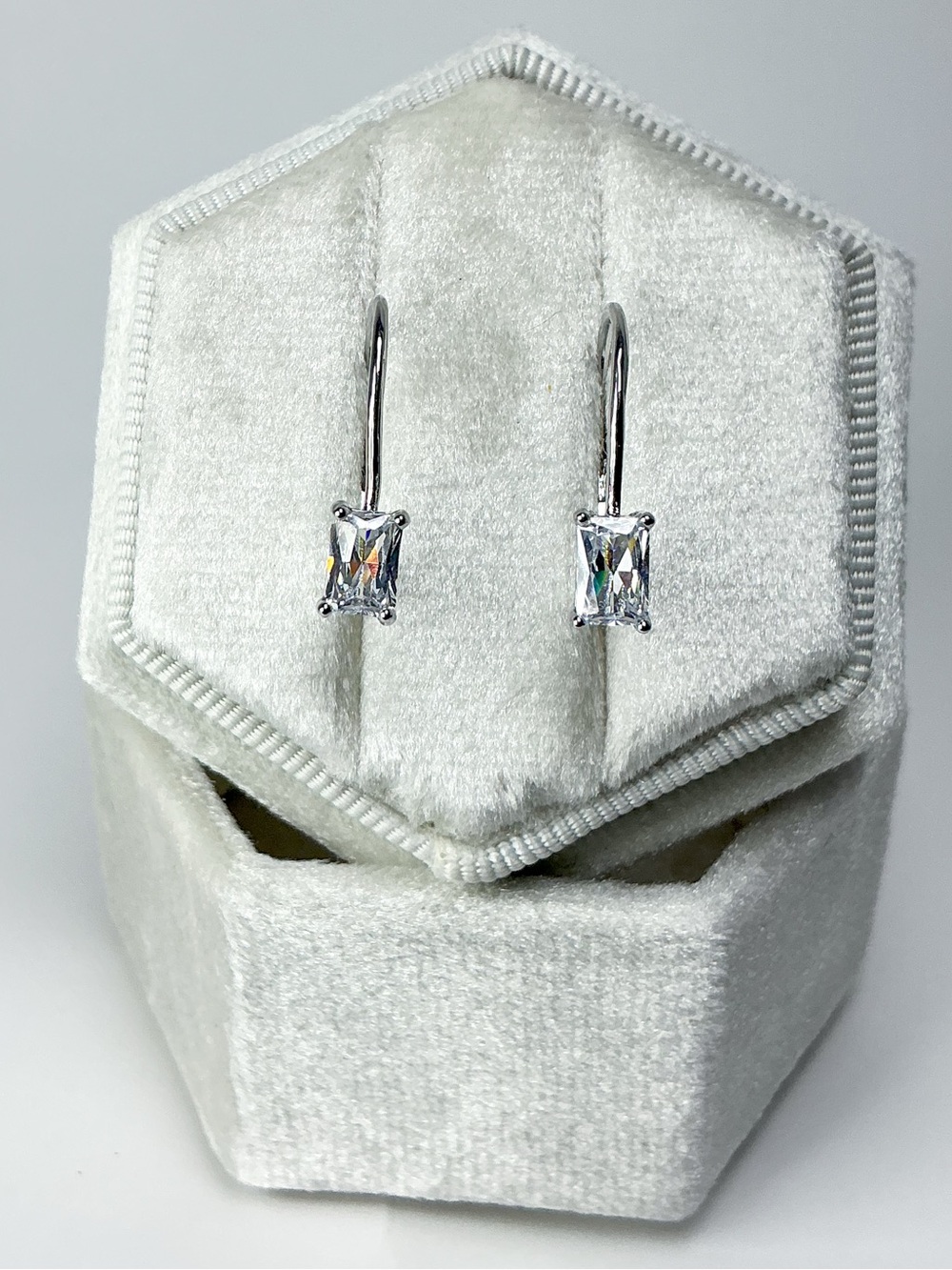 Silver Emerald Cut CZ Dainty Hoop Earrings Minimalist Petite Huggies